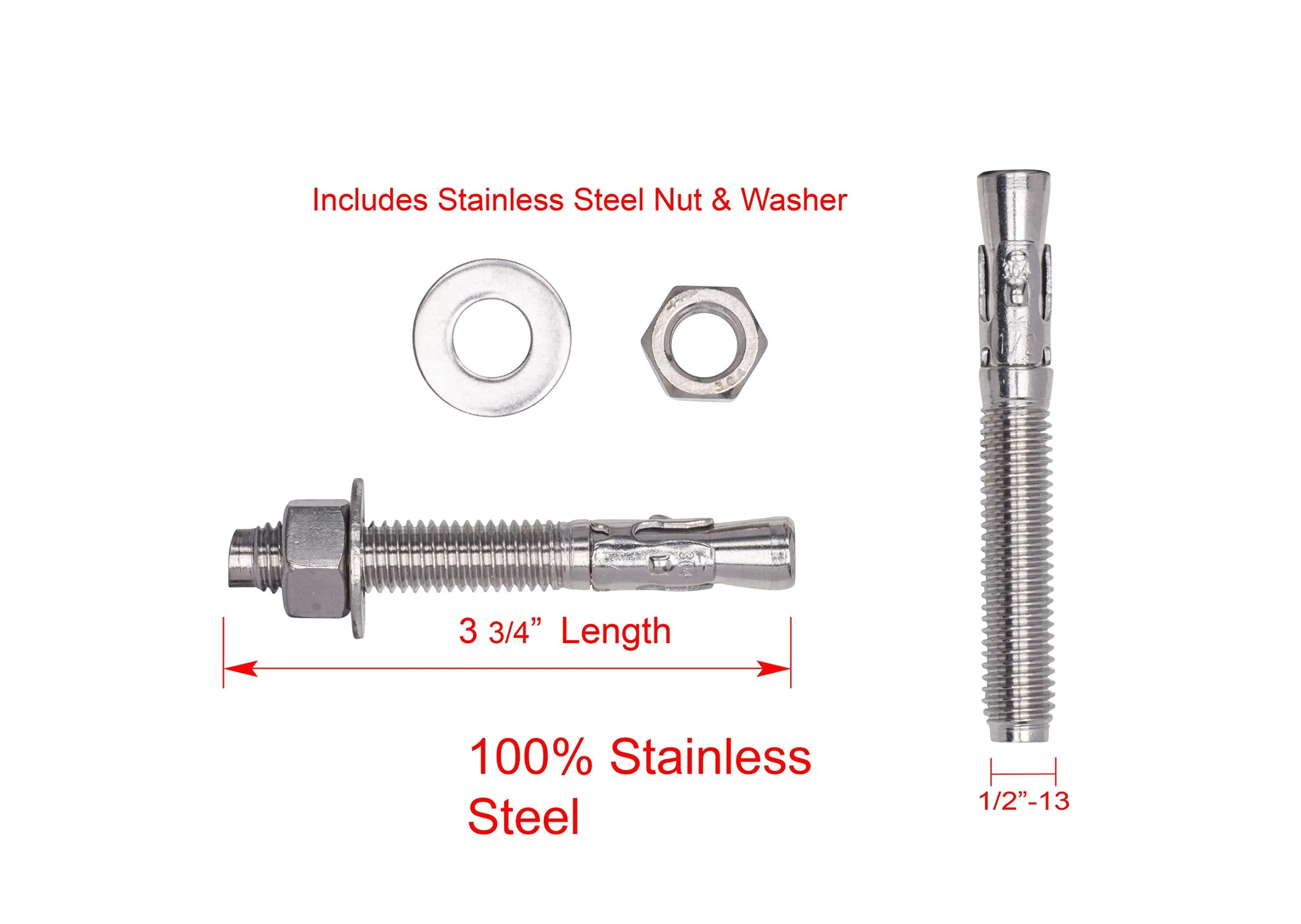 1/2" X 4-1/2" Stainless Wedge Anchor (5pc), 18-8 Stainless