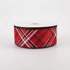 1.5" Faux Burlap Diagonal Plaid Ribbon: Red & Black (10 Yards)