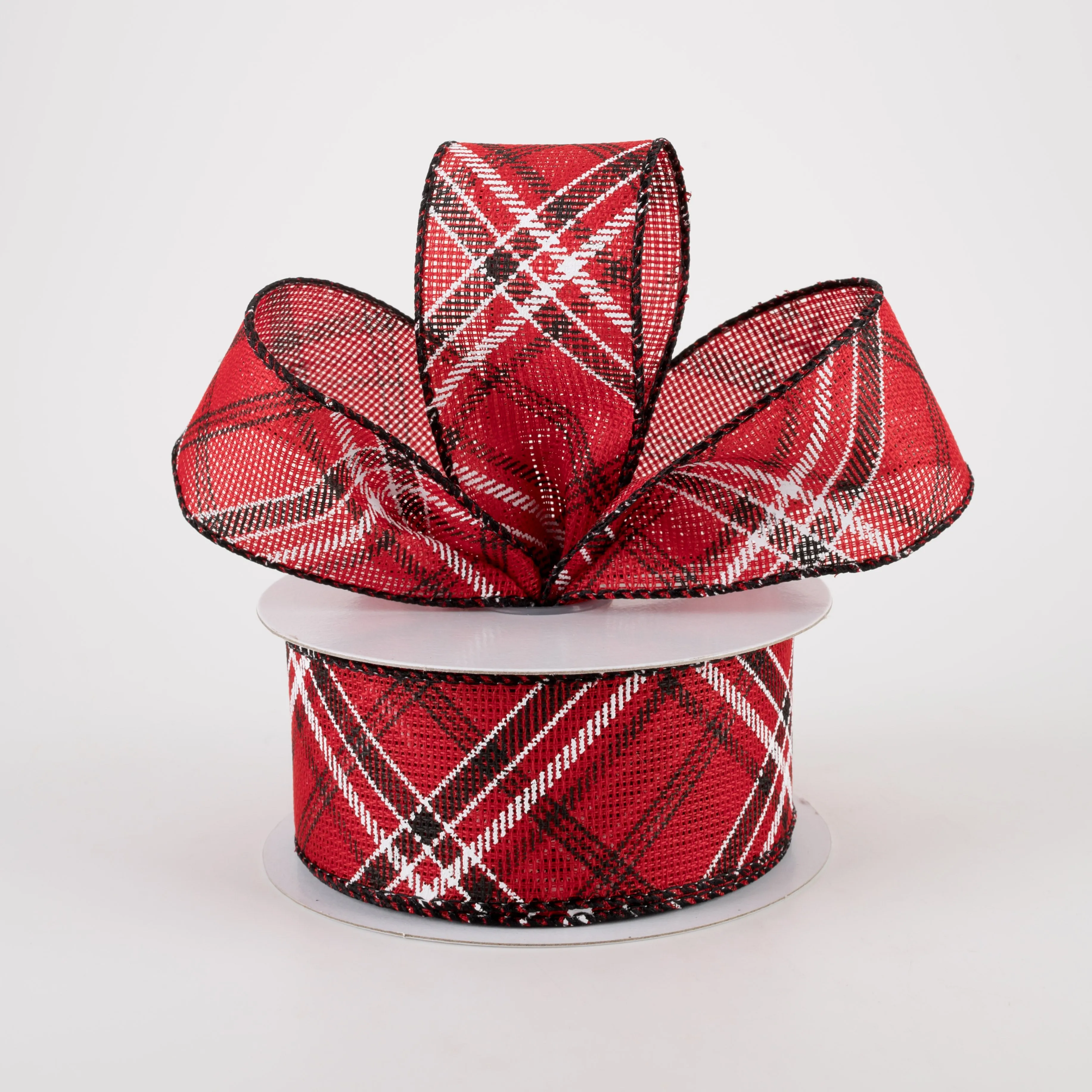 1.5" Faux Burlap Diagonal Plaid Ribbon: Red & Black (10 Yards)