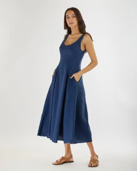 Navy Blue Panelled Midi Dress for Women - Elegant Linen Design by Anna