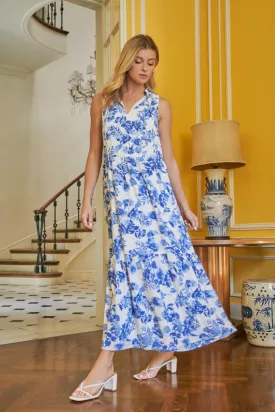 Antoinette Blue Floral Split Neck Tiered Maxi Dress