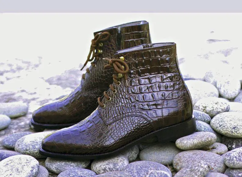 Awesome Handmade Men's Dark Brown Alligator Textured Leather Boots, Men Fashion Dress Ankle Boots