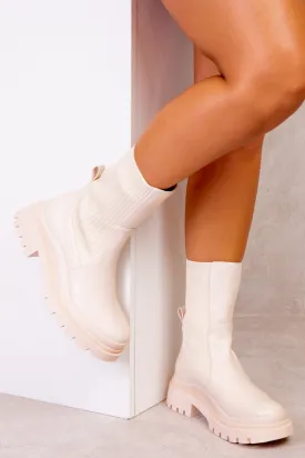 BECKY PU ANKLE BOOT WITH CHUNKY HEEL IN IVORY CREAM FAUX LEATHER