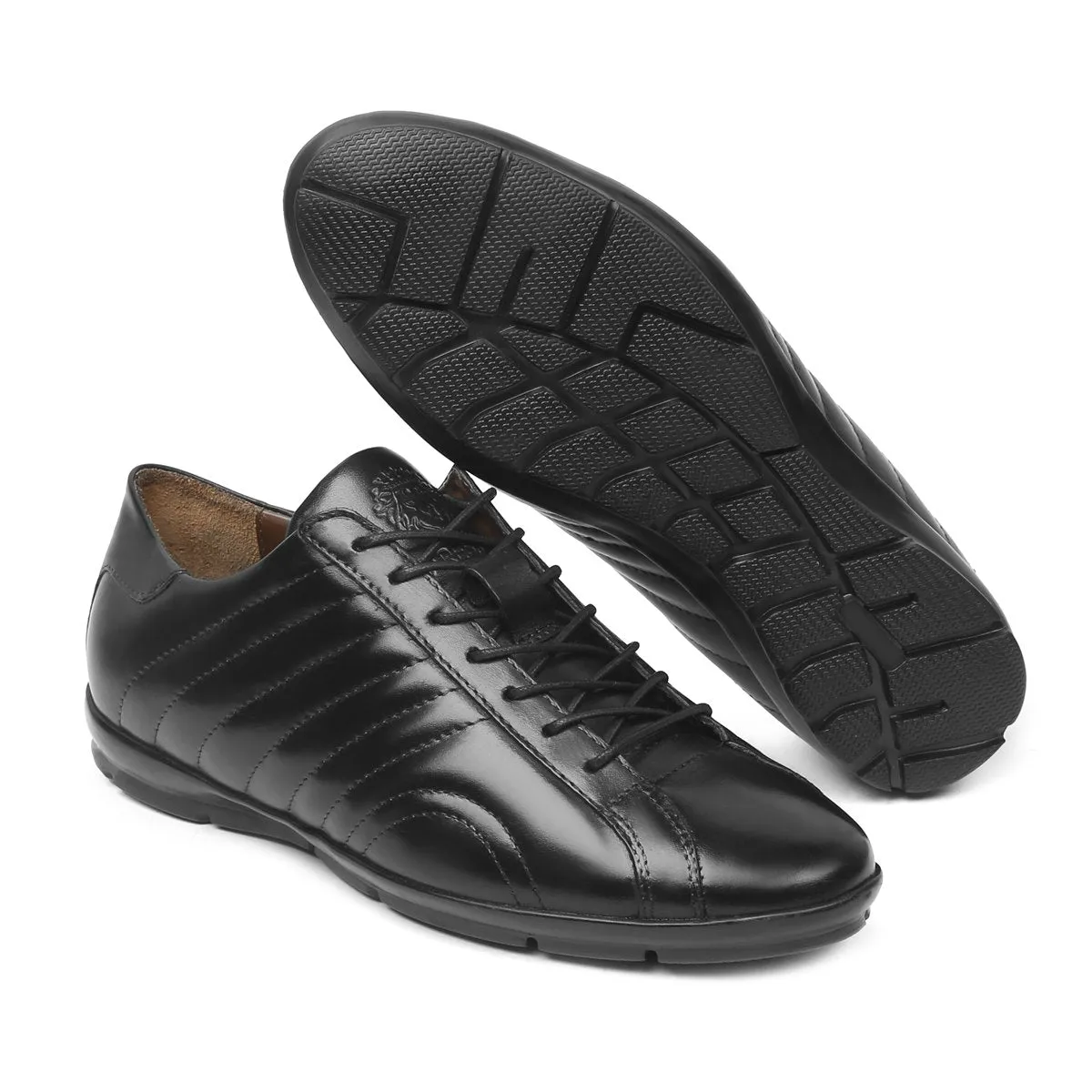 Black Stitched Patterned Leather Sneakers for Men by Brune & Bareskin