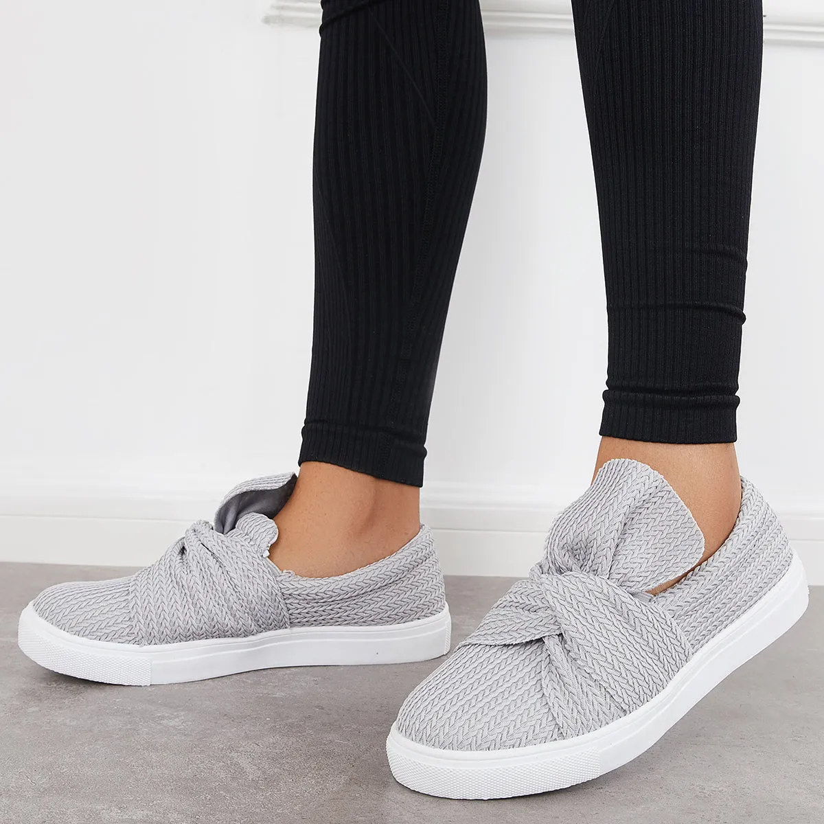 Bow Knit Platform Slip on Loafers Low Top Walking Shoes