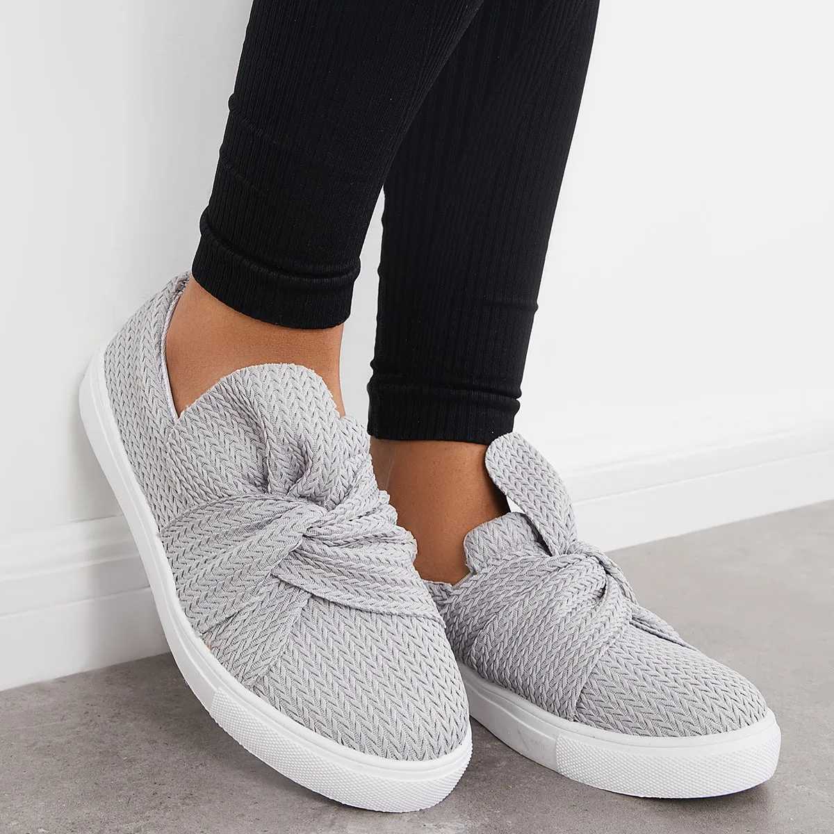 Bow Knit Platform Slip on Loafers Low Top Walking Shoes