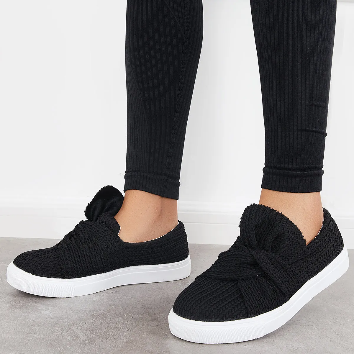 Bow Knit Platform Slip on Loafers Low Top Walking Shoes