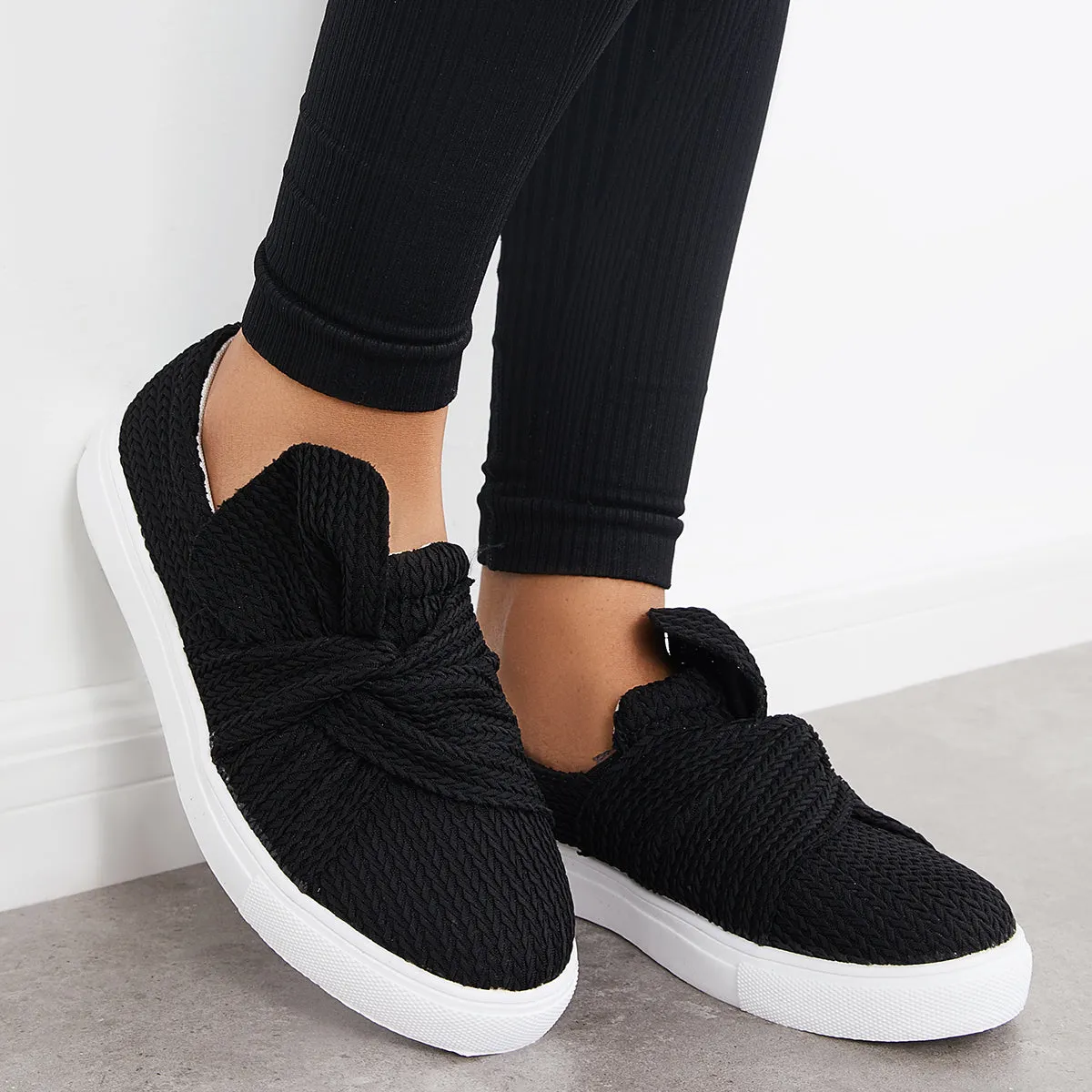 Bow Knit Platform Slip on Loafers Low Top Walking Shoes