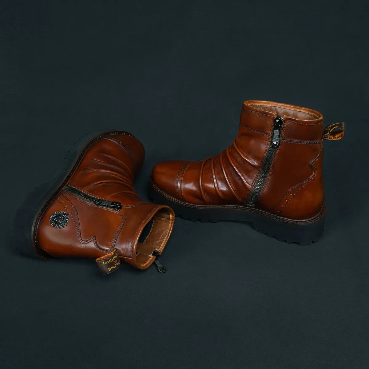 Cognac Leather Pleated Lightweight Chunky Biker Boots by Brune & Bareskin