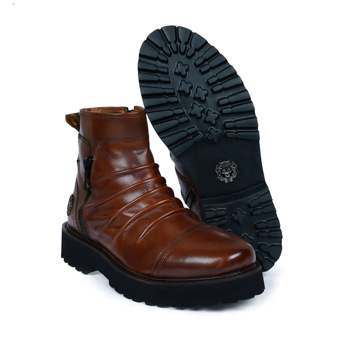 Cognac Leather Pleated Lightweight Chunky Biker Boots by Brune & Bareskin