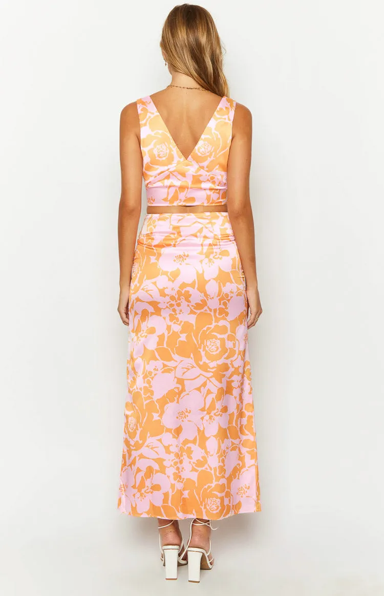 Dahlia Orange And Pink Floral Print Maxi Skirt