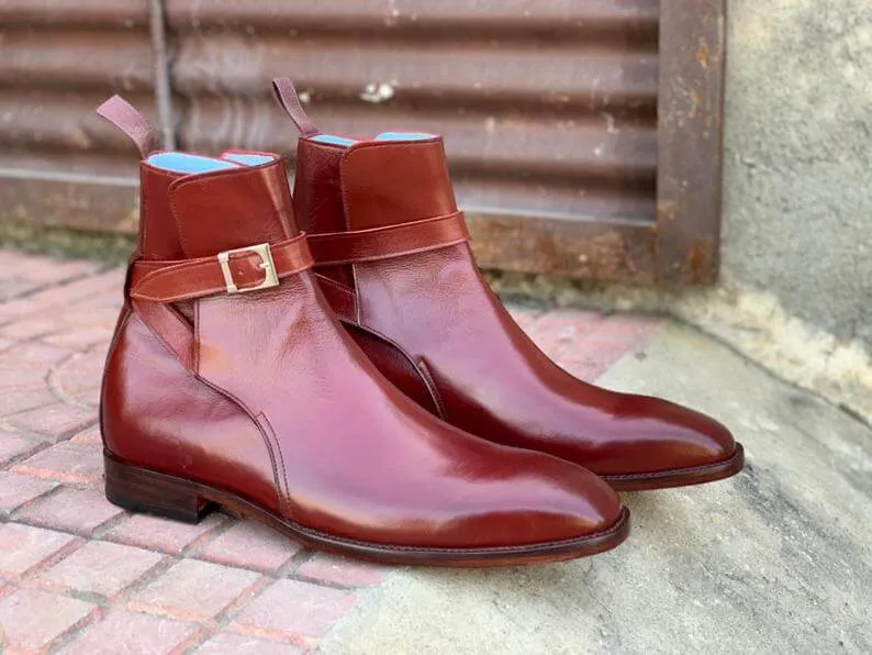 Elegant Handmade Men's Burgundy Leather Jodhpur Strap Boots, Men Ankle Boots, Men Fashion Boots