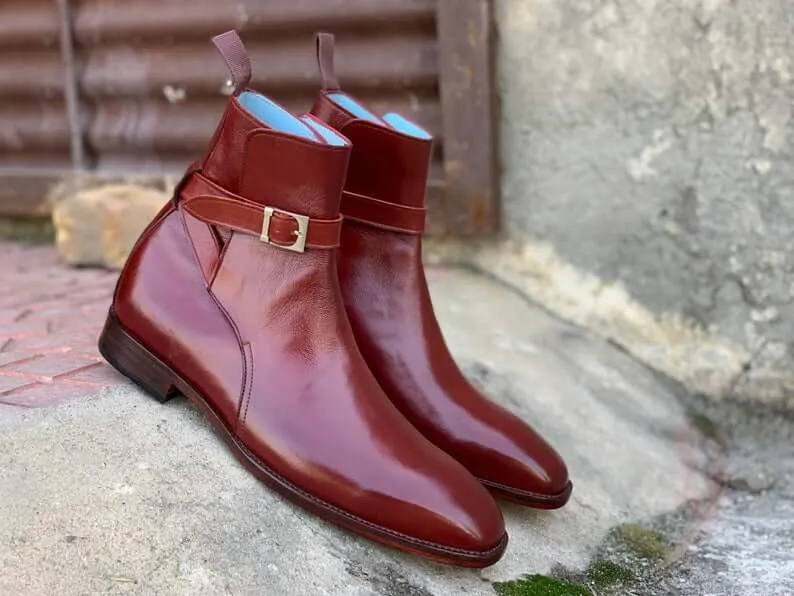 Elegant Handmade Men's Burgundy Leather Jodhpur Strap Boots, Men Ankle Boots, Men Fashion Boots