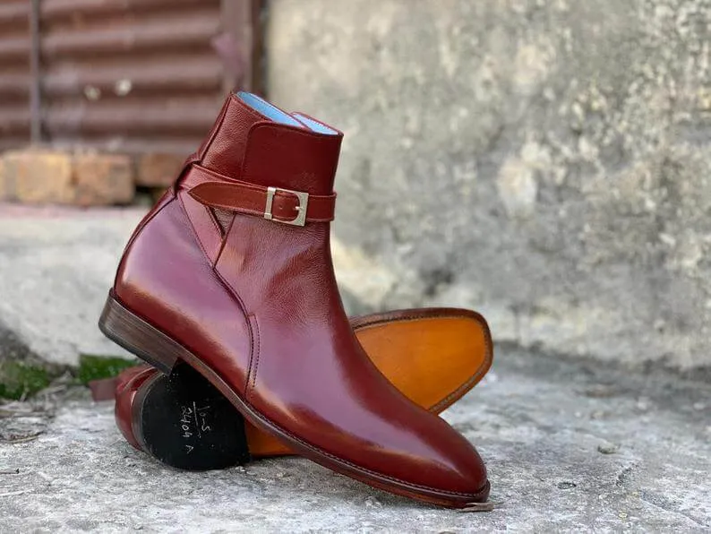 Elegant Handmade Men's Burgundy Leather Jodhpur Strap Boots, Men Ankle Boots, Men Fashion Boots