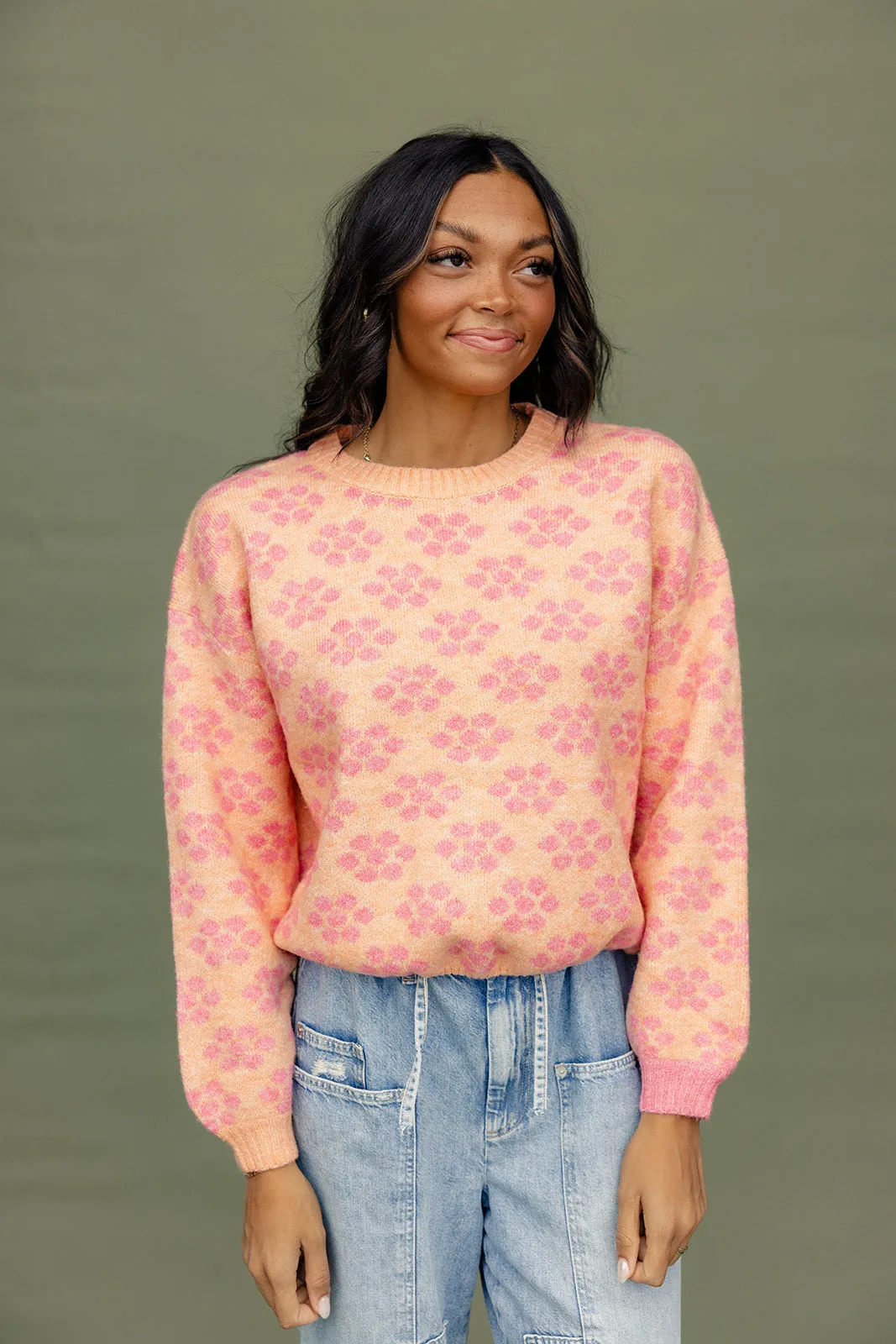 Floral Patterned Script Flip Sweater - Warm and Stylish