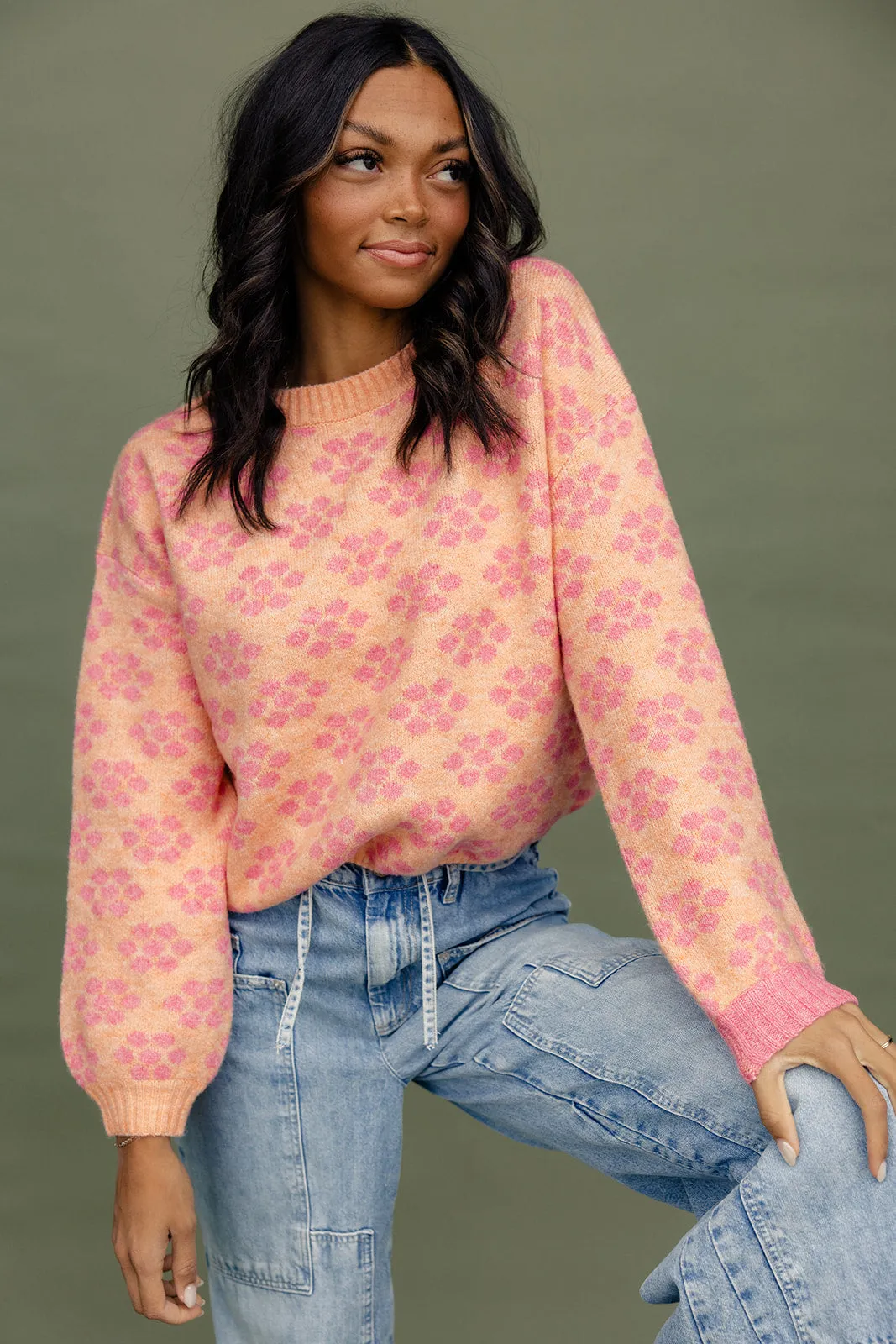 Floral Patterned Script Flip Sweater - Warm and Stylish