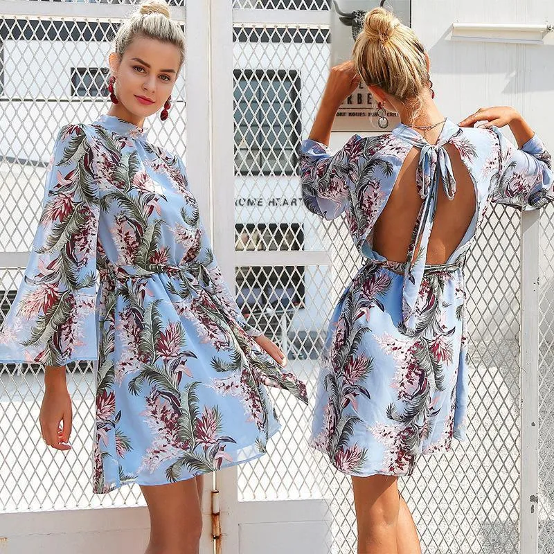 Flower Printed Long Sleeve Backless Belted Mini Dress