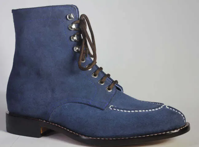 Handmade Men Blue Split Toe Suede Ankle Boots, Men Lace Up Designer Fashion Boots