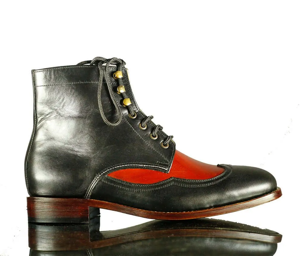 Handmade Men's Black Red Leather Wing Tip Lace Up Boots, Men Ankle Boots, Men Designer Boots