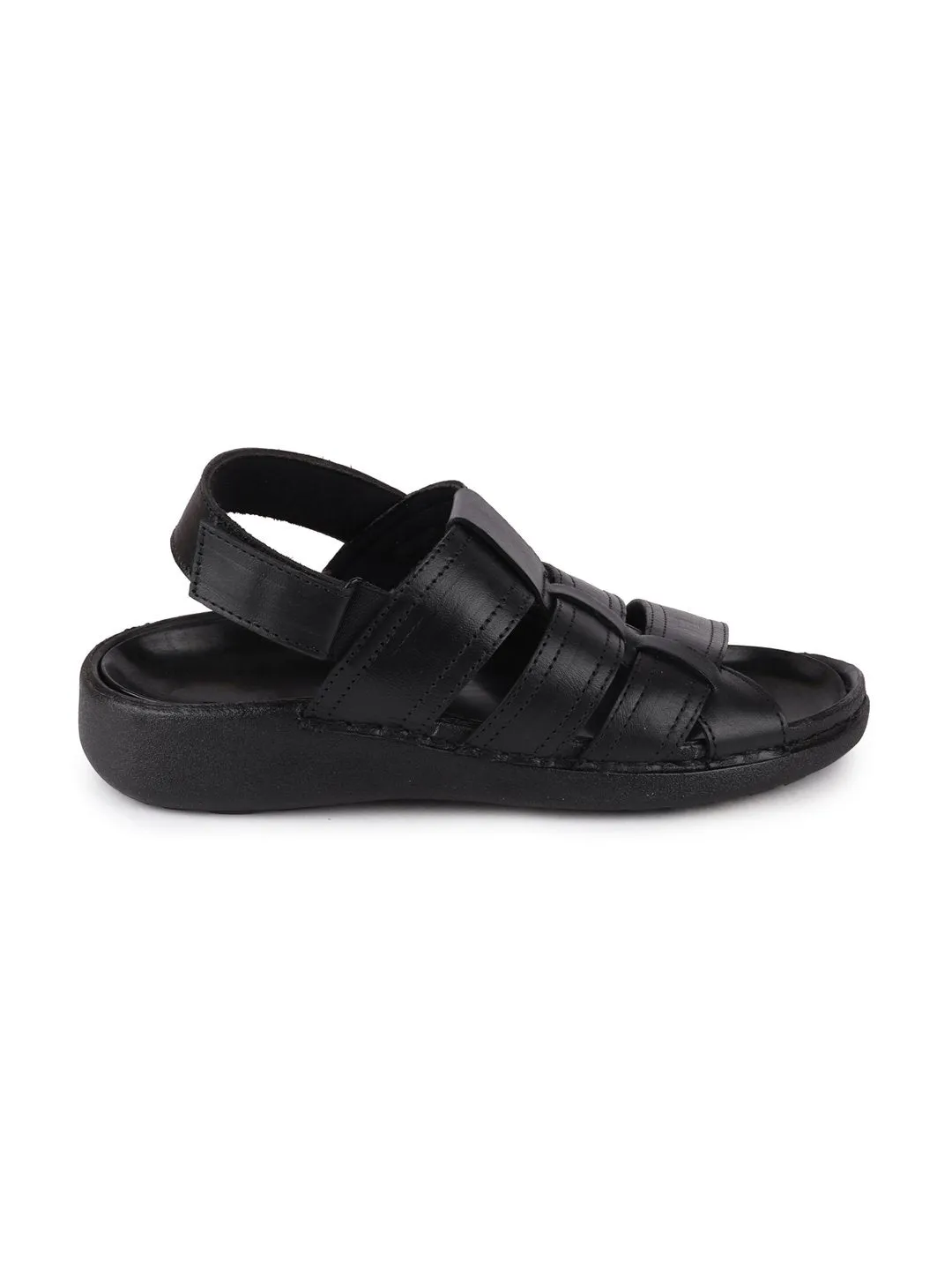 Men Black Formal Leather Hook & Loop Flat Sandals