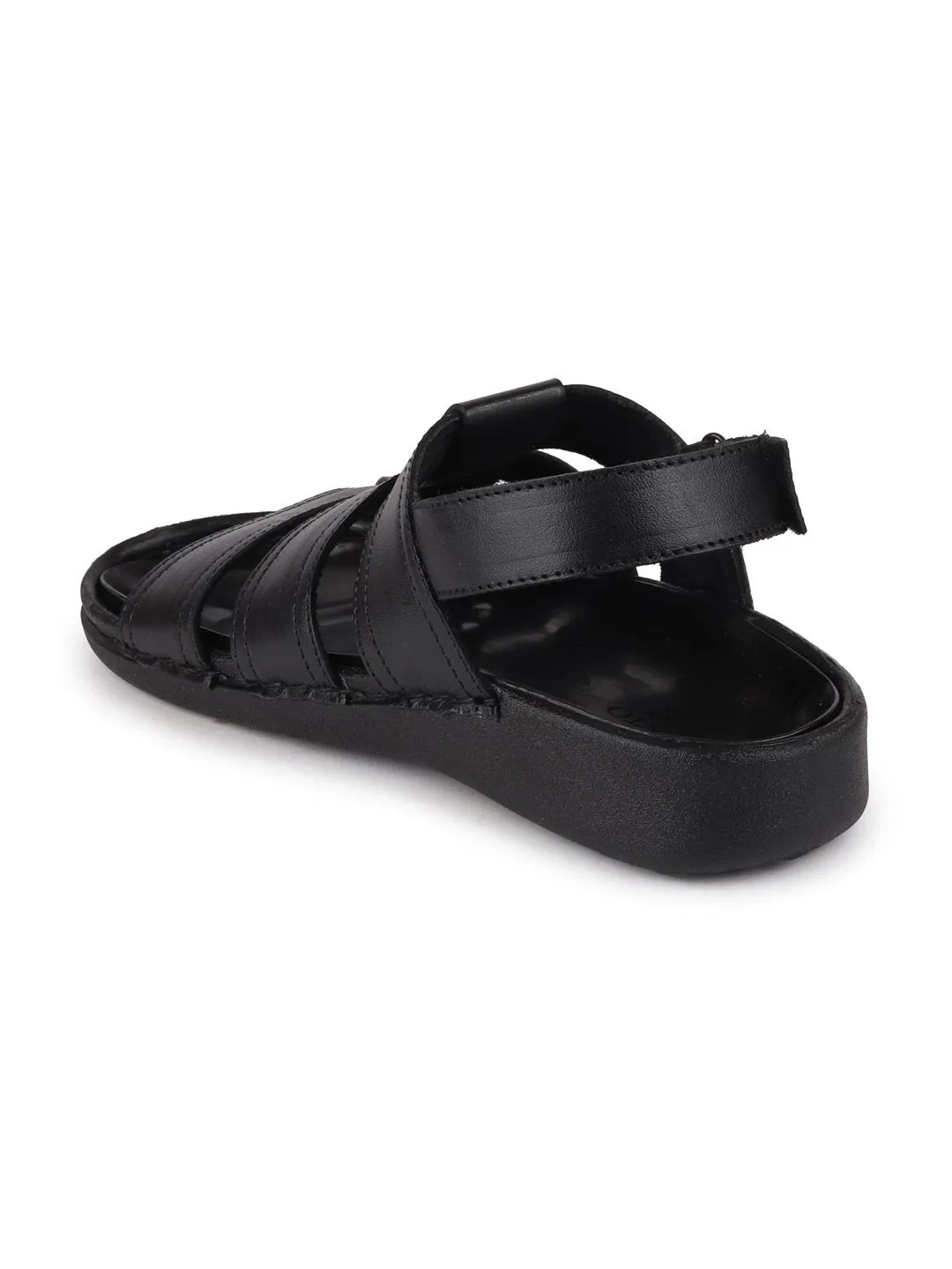 Men Black Formal Leather Hook & Loop Flat Sandals