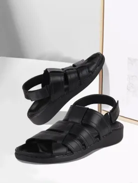 Men Black Formal Leather Hook & Loop Flat Sandals