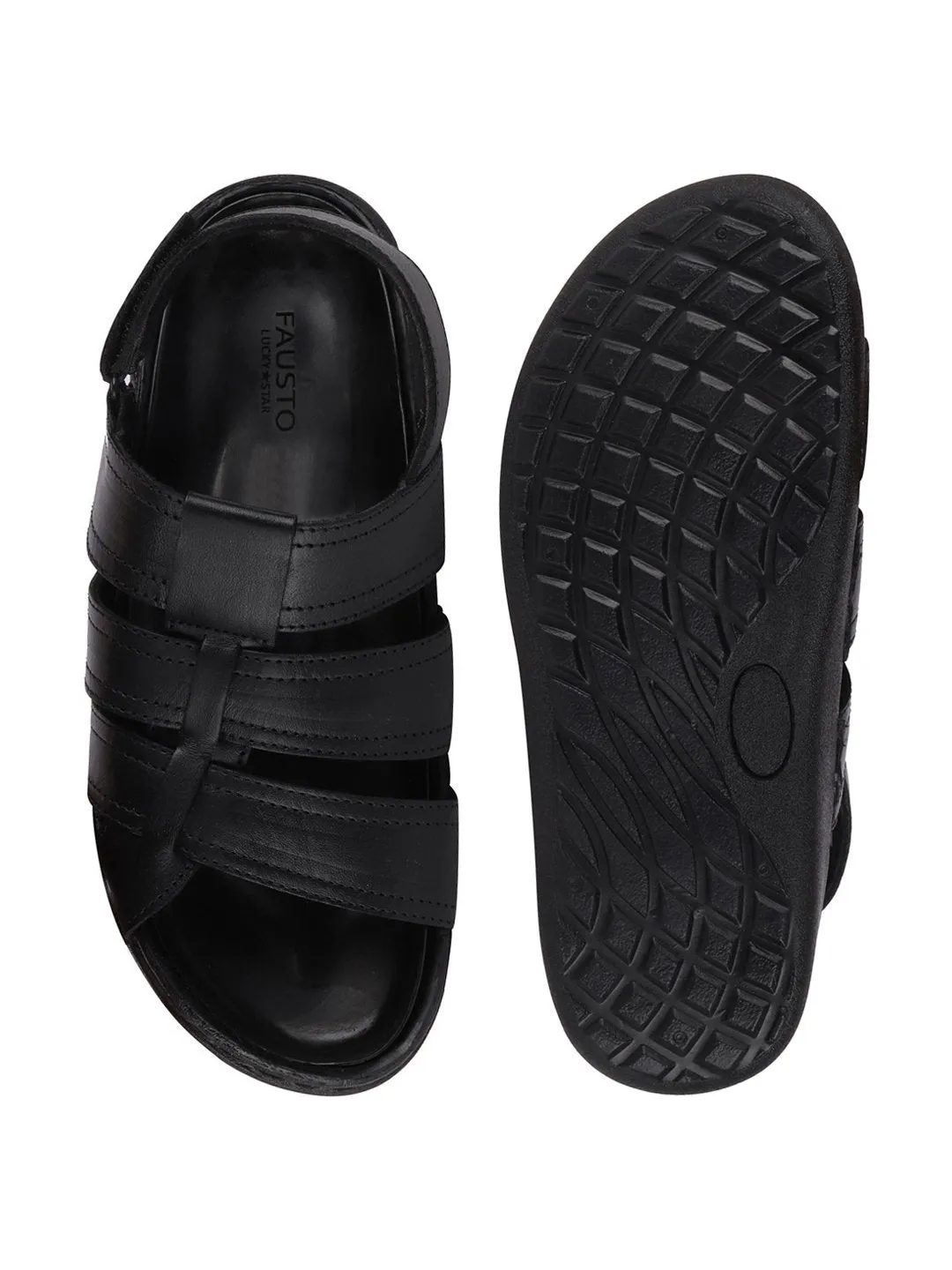 Men Black Formal Leather Hook & Loop Flat Sandals