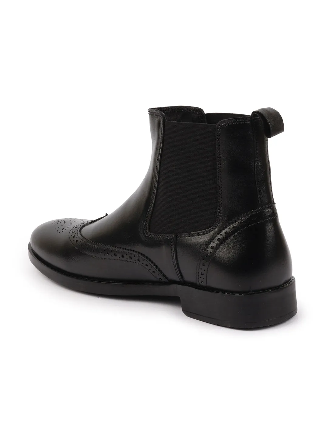 Men Black Genuine Leather Brogue High Ankle Slip On Chelsea Boots|Tuxedo Shoes