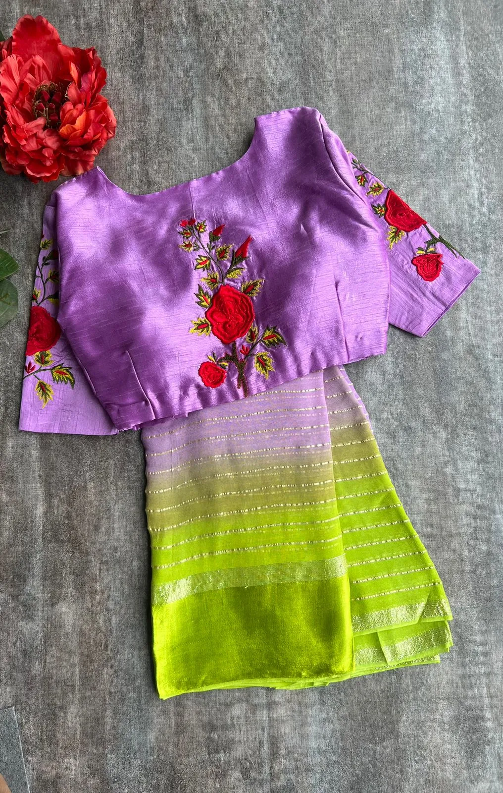 Ombre lavender green saree with silk embroidery blouse