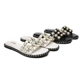 Women Leather Flats Slides With Pearls Junia